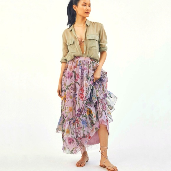 ANTHROPOLOGIE GEISHA DESIGNS PURPLE FLORAL PRINT RUFFLE TRIM MAXI SKIRT - Picture 13 of 13